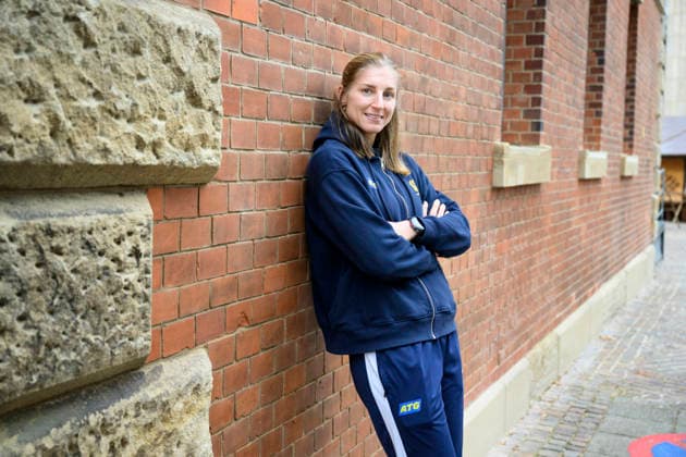 STUTTGART 20251128 Sveriges Linn Blohm pa en pressträff under damernas handbolls-VM i Stuttgart, Tyskland. STUTTGART TYSKLAND x10070x
