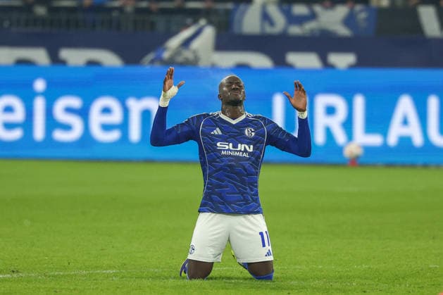 Gelsenkirchen, Veltins Arena, 28.11.25, GER, Herren, 2. Bundesliga, Saison 2025 - 2026, FC Schalke 04 - SC Paderborn 07, Bryan Lasme (FC Schalke 04) jubelt nach dem Spiel DFB DFL REGULATIONS PROHIBIT ANY USE OF PHOTOGRAPHS AS IMAGE SEQUENCES AND OR QUASI-VIDEO. Copyright: JoachimxBywaletz xJB-Sportfoto