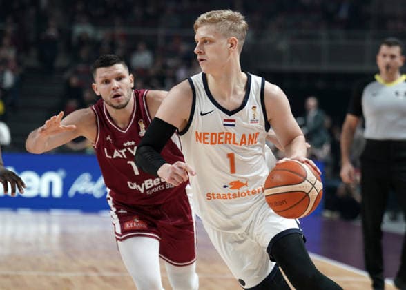 basketball, FIBA, World Cup Qualifiers, Latvia, Netherlands Keye van der Vuurst and Rihards Lomazs in action during FIBA 2027 World Cup Qualifiers basketball game Latvia vs Netherlands in Riga, Latvia 28.11.2025. Photo: Roman Koksarov Riga Latvia Copyright: xRomanxKoksarovx RKO04206.JPG