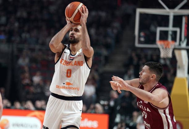 basketball, FIBA, World Cup Qualifiers, Latvia, Netherlands Yannick Franke and Rihards Lomazs in action during FIBA 2027 World Cup Qualifiers basketball game Latvia vs Netherlands in Riga, Latvia 28.11.2025. Photo: Roman Koksarov Riga Latvia Copyright: xRomanxKoksarovx RKO04237.JPG
