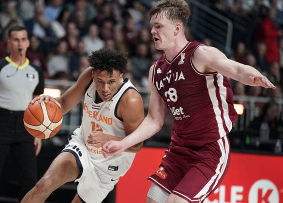 basketball, FIBA, World Cup Qualifiers, Latvia, Netherlands Yannick Kraag and Marcis Steinbergs in action during FIBA 2027 World Cup Qualifiers basketball game Latvia vs Netherlands in Riga, Latvia 28.11.2025. Photo: Roman Koksarov Riga Latvia Copyright: xRomanxKoksarovx RKO04298.JPG