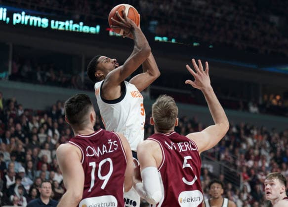 basketball, FIBA, World Cup Qualifiers, Latvia, Netherlands David N Guessan, Mareks Mejeris and Rihards Lomazs in action during FIBA 2027 World Cup Qualifiers basketball game Latvia vs Netherlands in Riga, Latvia 28.11.2025. Photo: Roman Koksarov Riga Latvia Copyright: xRomanxKoksarovx RKO04479.JPG