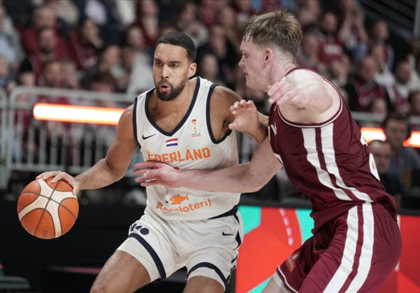 basketball, FIBA, World Cup Qualifiers, Latvia, Netherlands Yannick Franke and Marcis Steinbergs in action during FIBA 2027 World Cup Qualifiers basketball game Latvia vs Netherlands in Riga, Latvia 28.11.2025. Photo: Roman Koksarov Riga Latvia Copyright: xRomanxKoksarovx RKO04607.JPG