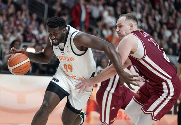 basketball, FIBA, World Cup Qualifiers, Latvia, Netherlands Nathan Kuta and KlÄvs Cavars in action during FIBA 2027 World Cup Qualifiers basketball game Latvia vs Netherlands in Riga, Latvia 28.11.2025. Photo: Roman Koksarov Riga Latvia Copyright: xRomanxKoksarovx RKO04613.JPG