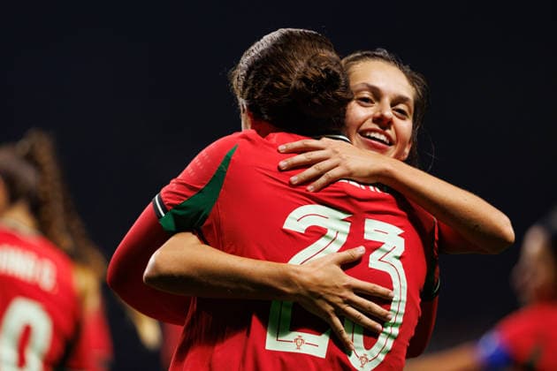 Andreia Faria and Telma Encarnacao seen celebrating after scoring goal during International Friendly, Länderspiel, Nationalmannschaft game between Women National teams of Portugal and Netherlands (Joao Gregorio Ball Raw Images) Braga Estadio Municipal de Braga Portugal Copyright: xJoaoxGregoriox joaogregorio_portugal_netherlands_women_2526-166