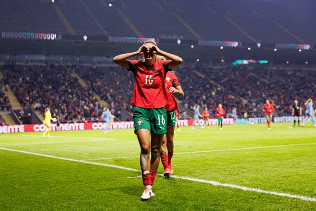 Andreia Faria seen celebrating after scoring goal during International Friendly, Länderspiel, Nationalmannschaft game between Women National teams of Portugal and Netherlands (Joao Gregorio Ball Raw Images) Braga Estadio Municipal de Braga Portugal Copyright: xJoaoxGregoriox joaogregorio_portugal_netherlands_women_2526-180