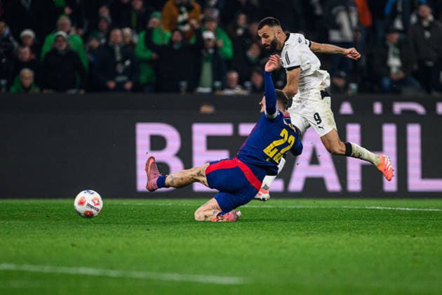 MOENCHENGLADBACH, GERMANY - 28 NOVEMBER, 2025: Franck Honorat, David Raum - 1. Bundesliga football match Borussia Moenchengladbach vs RB Leipzig at Borussia Park.  Copyright: xVitaliixKliuievx