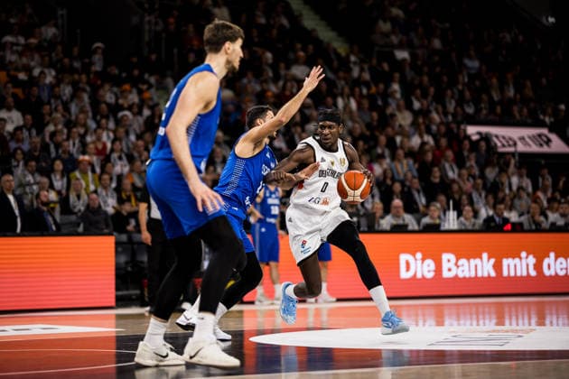 NEU-ULM, GERMANY - NOVEMBER 28: Isaac Bonga (Germany, 0) controls the ball during the FIBA World Cup European Qualifiers match between Germany vs. Israel at Ratiopharm Arena on matchday 1 of the FIBA World Cup European Qualifiers on November 28, 2025 in Neu-Ulm, Germany. Baden-Württemberg Germany Copyright: xBEAUTIFULxSPORTS Wunderlx