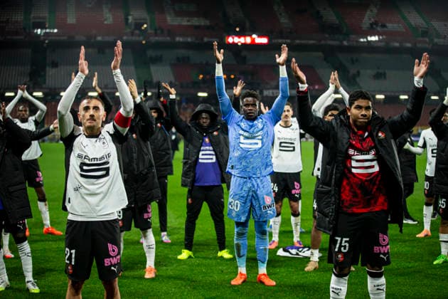 FOOTBALL : Ligue 1 Metz vs Rennes - Stade Saint-Symphorien - Metz - 28 11 2025 cÃ lÃ bration de l Ã quipe de Rennes avec ses supporters  Copyright: xx