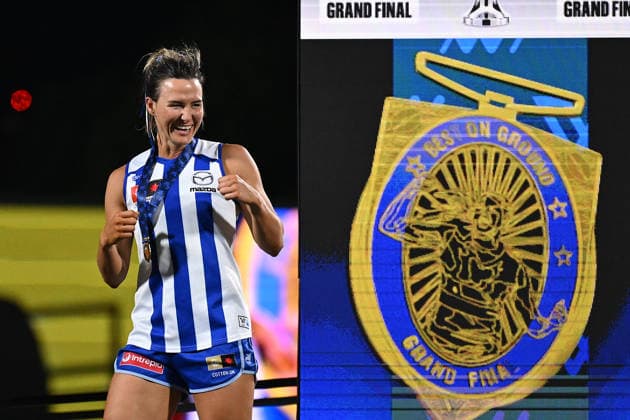 AFLW GRAND FINAL, Eilish Sheerin of the Kangaroos reacts on stage after being awarded the best on ground medal after defeating the Brisbane Lions to win the AFLW Grand Final match between the North Melbourne Kangaroos and the Brisbane Lions at Ikon Park in Melbourne, Saturday, November 29, 2025. ( NO ARCHIVING, EDITORIAL USE ONLY MELBOURNE VICTORIA AUSTRALIA  Copyright: xJAMESxROSSx 20251129195626973703