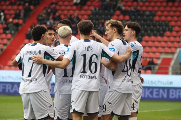 Ingolstadt, Deutschland 29. November 2025: 3. Liga - 2025 2026 - FC Ingolstadt 04 vs. TSG 1899 Hoffenheim II Im Bild: in der Traube Torschütze Valentin Lässig Laessig (TSG II) jubelt nach seinem Tor zum 0:1 mit seinen Mannschaftskollegen, DFB regulations prohibit any use of photographs as image sequences and or quasi-video Audi Sportpark Bayern Copyright: xFotostandx xSchäferx