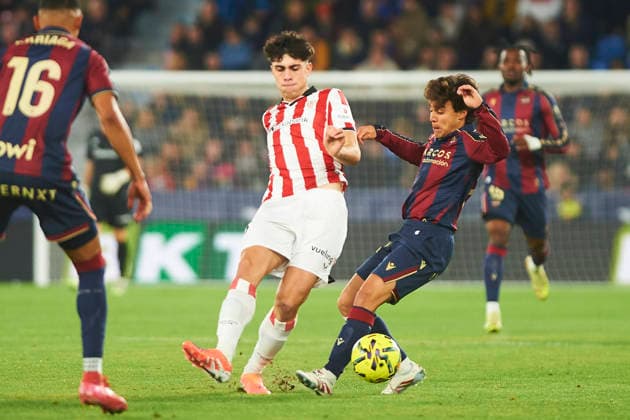 Alejandro Rego (Athletic Club) and Carlos Alvarez (Levante UD) during the LaLiga EA Sports match between Levante UD and Athletic Club at Ciudad de Valencia on November 29, 2025 in Valencia, Spain. (Photo by Maria Jose Segovia DeFodi Images)