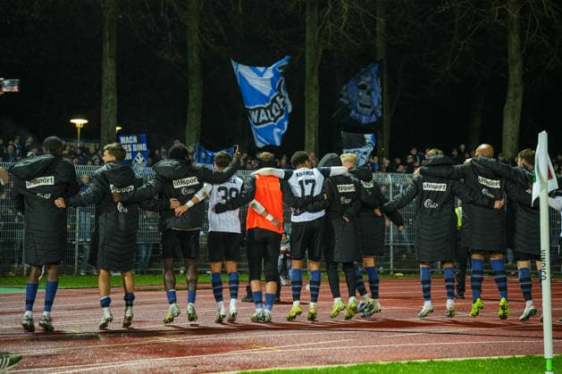 Fussball: 3. Liga, Finalspiel 1, 1. FC Schweinfurt 05 - SV Waldhof Mannheim am 29.11.2025 in Schweinfurt (Sachs-Stadion ), Deutschland, Saison 2025 2026: DFB DFL REGULATIONS PROHIBIT ANY USE OF PHOTOGRAPHS as IMAGE SEQUENCES and or QUASI-VIDEO: Die Mannschaft von Waldhof Mannheim feiert mit den Fans den Auswärtserfolg. Schweinfurt Sachs-Stadion Deutschland Copyright: xChristophxKinzingerx