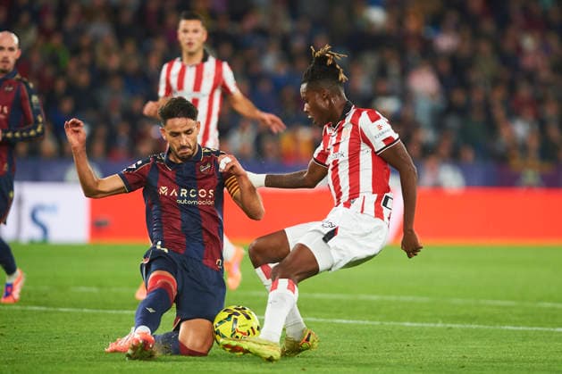 Unai Elgezabal (Levante UD) and Nico Williams JR (Athletic Club) during the LaLiga EA Sports match between Levante UD and Athletic Club at Ciudad de Valencia on November 29, 2025 in Valencia, Spain. (Photo by Maria Jose Segovia DeFodi Images)