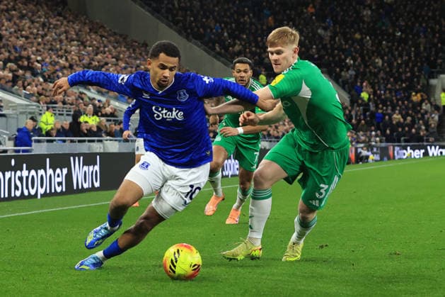 29th November 2025; Hill Dickinson Stadium, Liverpool, England; Premier League Football, Everton versus Newcastle United; Iliman Ndiaye of Everton takes on Lewis Hall of Newcastle United  DavidxBlunsden
