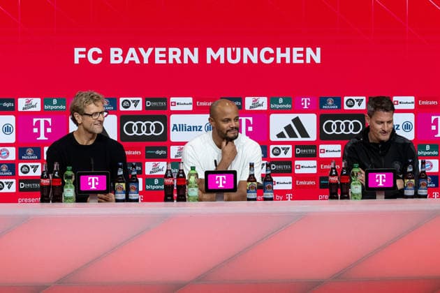 Dieter Nickles (Pressesprecher, FC Bayern Muenchen), Vincent Kompany (Chef-Trainer, FC Bayern Muenchen) und Alexander Blessin (Chef-Trainer, FC St. Pauli) bei der Pressekonferenz nach dem Spiel GER, FC Bayern Muenchen vs. FC St. Pauli, Fussball, Bundesliga, 12. Spieltag, Spielzeit 2025 2026, 29.11.2025. (DFL DFB REGULATIONS PROHIBIT ANY USE OF PHOTOGRAPHS as IMAGE SEQUENCES and or QUASI-VIDEO). GER, FC Bayern Muenchen vs. FC St. Pauli, Fussball, Bundesliga, 12. Spieltag, Spielzeit 2025 2026, 29.11.2025. Muenchen Copyright: xEibner-Pressefoto HeikexFeinerx EP_HFR