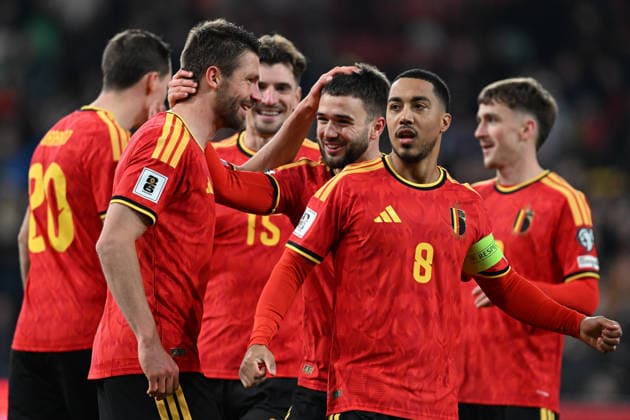 251118 BELGIUM VS LIECHTENSTEIN Brandon Mechele (4) of Belgium celebrates with Nicolas Raskin (23) of Belgium and Youri Tielemans (8) of Belgium after scoring the 4-0 goal pictured during a soccer game between the national teams of Belgium, called the Red Devils and Liechtenstein in the Qualifying Round of the 2025-26 UEFA European Qualifiers, on Saturday 18 November 2025 in Liege , Belgium . PHOTO SPORTPIX David Catry Liege Belgium  Copyright: xDavidxCatryx 20251118DSC_1141