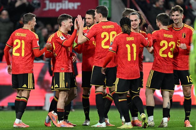 251118 BELGIUM VS LIECHTENSTEIN Alexis Saelemaekers (22) of Belgium celebrates after scoring the 5-0 goal pictured during a soccer game between the national teams of Belgium, called the Red Devils and Liechtenstein in the Qualifying Round of the 2025-26 UEFA European Qualifiers, on Saturday 18 November 2025 in Liege , Belgium . PHOTO SPORTPIX David Catry Liege Belgium  Copyright: xDavidxCatryx 20251118DSC_1327
