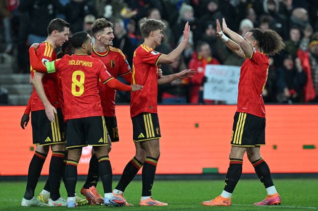 251118 BELGIUM VS LIECHTENSTEIN Charles De Ketelaere (17) of Belgium celebrates after scoring the 6-0 goal pictured during a soccer game between the national teams of Belgium, called the Red Devils and Liechtenstein in the Qualifying Round of the 2025-26 UEFA European Qualifiers, on Saturday 18 November 2025 in Liege , Belgium . PHOTO SPORTPIX David Catry Liege Belgium  Copyright: xDavidxCatryx 20251118DSC_1512