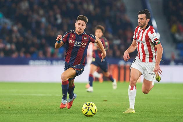 Ivan Romero (Levante UD) and Inigo Lekue (Athletic Club) during the LaLiga EA Sports match between Levante UD and Athletic Club at Ciudad de Valencia on November 29, 2025 in Valencia, Spain. (Photo by Maria Jose Segovia DeFodi Images)