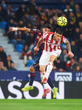 Yuri Berchiche (Athletic Club) and Roger Brugue (Levante UD) during the LaLiga EA Sports match between Levante UD and Athletic Club at Ciudad de Valencia on November 29, 2025 in Valencia, Spain. (Photo by Maria Jose Segovia DeFodi Images)