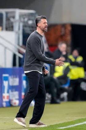 Sandro Wagner (Trainer, Cheftrainer, FCA), gibt Anweisungen, gestikuliert, mit den Armen gestikulieren, Freisteller, Ganzkörper, Einzelbild, Einzelfoto, Aktion, Action, 29.11.2025, Sinsheim (Deutschland), Fussball, Bundesliga, TSG 1899 Hoffenheim - FC Augsburg, DFB DFL REGULATIONS PROHIBIT ANY USE OF PHOTOGRAPHS AS IMAGE SEQUENCES AND OR QUASI-VIDEO.
