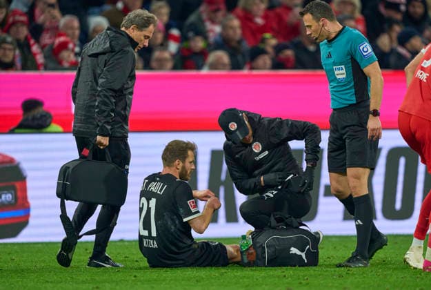 Lars Ritzka of St.Pauli injured in the match FC BAYERN MÜNCHEN - FC ST. PAULI 3-1 on November 29, 2025 at Allianz Arena München, Germany. Season 2026 2026, 1.Bundesliga, FCB, matchday 12,