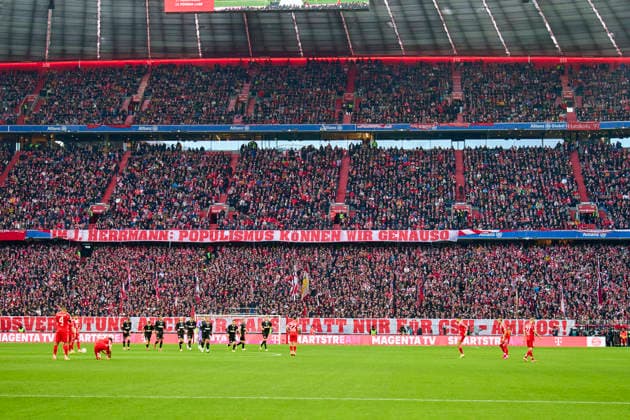 FCB fans demonstrate against J.Herrmann, Innenminister Bayern in the match FC BAYERN MÜNCHEN - FC ST. PAULI 3-1 on November 29, 2025 at Allianz Arena München, Germany. Season 2026 2026, 1.Bundesliga, FCB, matchday 12,