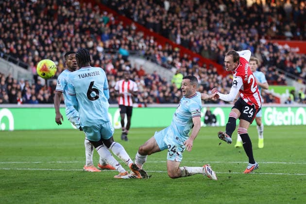 Brentford v Burnley 29 November 2025, London - Premier League Football - Brentford v Burnley - Mikkel Damsgaard of Brenford takes a shot - Photo: Jacques Feeney Offside. London UK Copyright: xJacquesxFeeneyx xOffsidexOffside
