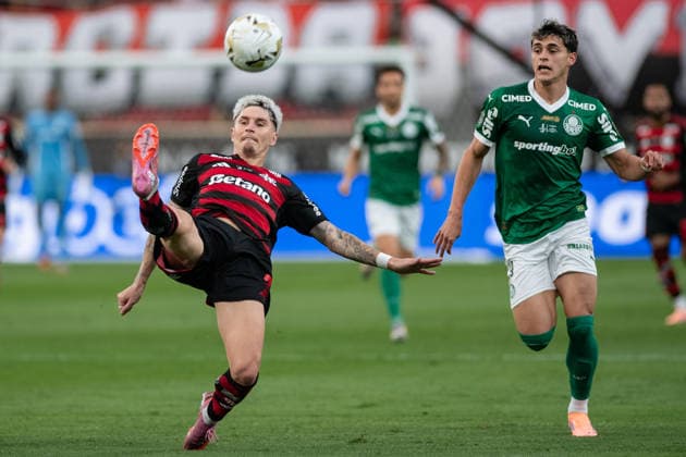 LIMA, PERU - NOVEMBER 29: Guillermo Varela of Flamengo (L) passes the ball under pressure from Ramon Sosa of Palmeiras (R) during the Copa CONMEBOL Libertadores Final between Palmeiras and Flamengo at Monumental U Stadium, Lima, Peru.(Riquelve Nata Sports Press Photo) Copyright: xRiquelvexNata SPPx Sportspressphoto_SPR67538