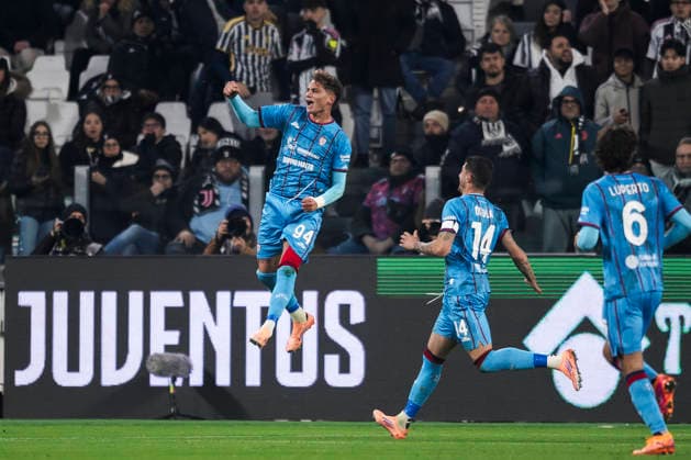 Juventus FC v Cagliari Calcio - Serie A Sebastiano Esposito of Cagliari Calcio celebrates after scoring a goal during the Serie A football match between Juventus FC and Cagliari Calcio. Turin Italy Copyright: xNicolòxCampox