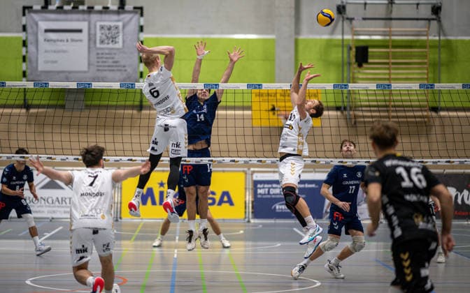 Volleyball, Saison 2025 2026, 2. Bundesliga Nord, 29.11.2025, 09. Spieltag, Herren, TuV Bocholt (blau) vs. TuS Mondorf (weiss) v.l.: Eric Caspers (TuS Mondorf), Veit Bils (TuS Mondorf), Bohdan Velychko (TuB Bocholt), Sebastian Dinges (TuS Mondorf), Hauke Lehmbrock (TuB Bocholt), Jonas Winterscheidt (Libero TuS Mondorf), Bocholt Sporthalle West Nordrhein-Westfalen Deutschland