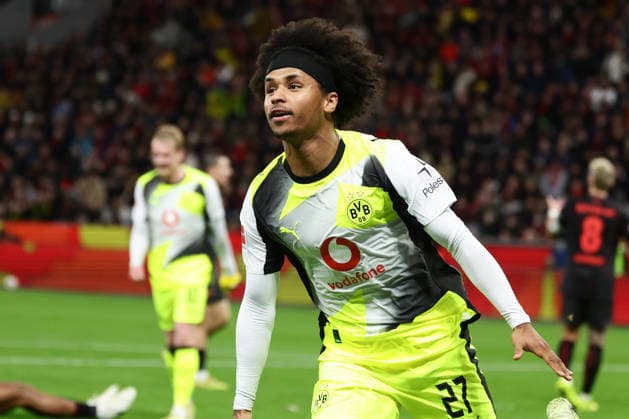 (251130) -- LEVERKUSEN, Nov. 30, 2025 -- Karim Adeyemi of Borussia Dortmund celebrates scoring during the German first division of Bundesliga football match between Bayer 04 Leverkusen and Borussia Dortmund in Leverkusen, Germany, Nov. 29. 2025. (Photo by Xinhua) (SP)GERMANY-LEVERKUSEN-FOOTBALL-BUNDESLIGA-LEVERKUSEN VS DORTMUND JoachimxBywaletz 