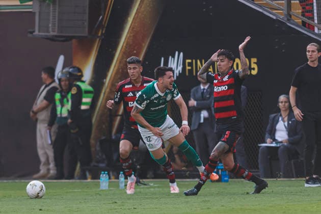 Palmeiras v Flamengo - Copa CONMEBOL Libertadores 2025 Final Lima, Peru - November 29: Jose Manuel Lopez of Palmeiras and Erick Pulgar of Flamengo during the Copa CONMEBOL Libertadores 2025 Final match between Palmeiras and Flamengo at Estadio Monumental U de Lima. Copyright: xLatinxSportxImagesx