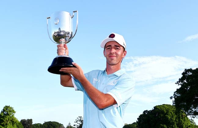 GOLF AUSTRALIAN PGA, Golf Herren Spain s David Puig celebrates with the trophy during the Final Round of the Australian PGA Championship at Royal Queensland Golf Club in Brisbane, Sunday, November 30, 2025. ( NO ARCHIVING, EDITORIAL USE ONLY BRISBANE QUEENSLAND AUSTRALIA  Copyright: xx 20251130157506027873