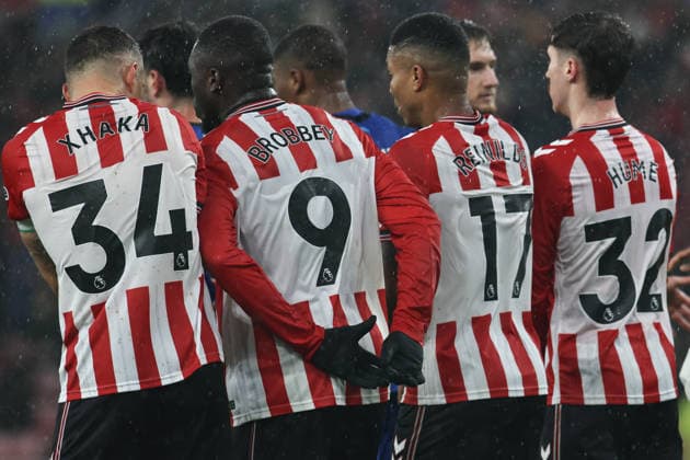 Sunderland v Bournemouth - Premier League Sunderland shirts belong to Granit Xhaka, Brian Brobbey, Reinildo Mandava, and Trai Hume during the Premier League match between Sunderland and Bournemouth at the Stadium Of Light in Sunderland, England, on November 29, 2025. Sunderland Tyne and Wear United Kingdom  Copyright: xMIxNewsx originalFilename:fletcher-sunderla251129_npdkT.jpg
