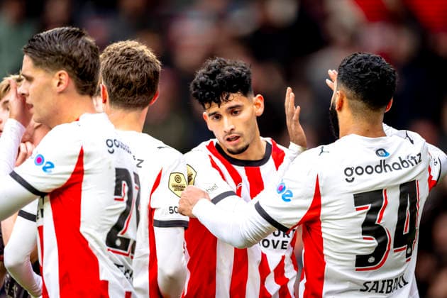 PSV Eindhoven forwarder Ricardo Pepi celebrating the goal during the match PSV Eindhoven vs FC Volendam at the Philips stadium for the Dutch Vriendenloterij Eredivisie season 2025-2026 in EINDHOVEN, Netherlands on 30 november 2025, (photo by Marcel van Dorst EYE4images DeFodi Images)