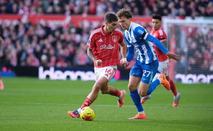 Nicolas Dominguez of Nottingham Forest and Mats Wieffer of Brighton & Hove Albion in action during the Premier league football match between Nottingham Forest and Brighton Hove Albion at City Ground in Nottingham. Copyright: xPaulxBonser SportsxPressxPhotox Sportspressphoto_SPR67735