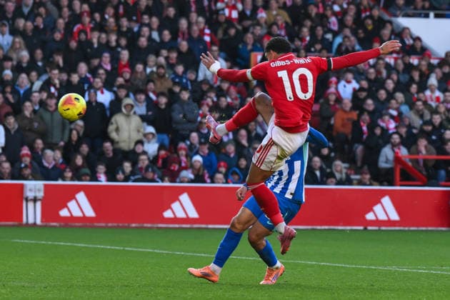 Nottingham, England, 30th November 2025. Morgan Gibbs-White of Nottingham Forest shoots on goal during the Nottingham Forest vs Brighton and Hove Albion Premier League match at the City Ground, Nottingham. Picture credit should read: Craig Thomas Sportimage EDITORIAL USE ONLY. No use with unauthorised audio, video, data, fixture lists, club league logos or live services. Online in-match use limited to 120 images, no video emulation. No use in betting, games or single club league player publications. SPI_032_CT_Nottingham_Forest_vs_Brighton_and_Hove_Albion SPI-4337-0043