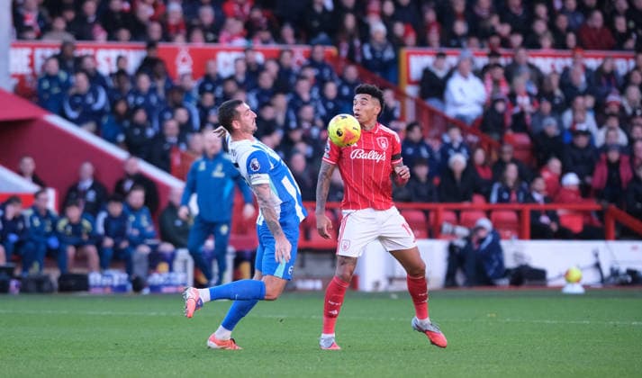 Lewis Dunk of Brighton & Hove Albion and Igor Jesus of Nottingham Forest seen in action during the Premier league football match between Nottingham Forest and Brighton Hove Albion at City Ground in Nottingham. Copyright: xPaulxBonser SportsxPressxPhotox Sportspressphoto_SPR67765