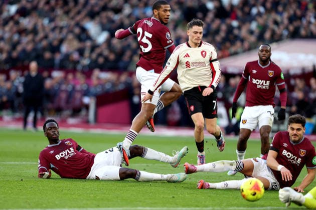 West Ham United v Liverpool 30 November 2025 London - Premier League football - West Ham United v Liverpool FC - Florian Richard Wirtz of Liverpool sees his shot saved - (Photo by Mark Leech). London UK Copyright: xMarkxLeechxOffside