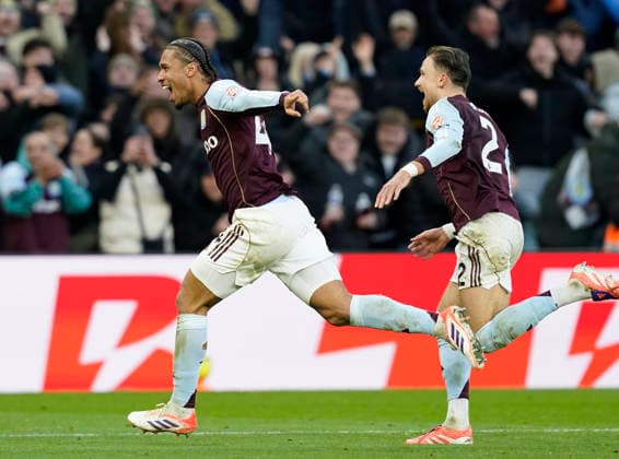 Birmingham, England, 30th November 2025. Boubacar Kamara of Aston Villa (l) celebrates scoring the first goal during the Aston Villa vs Wolverhampton Wanderers Premier League match at Villa Park, Birmingham. Picture credit should read: Andrew Yates Sportimage EDITORIAL USE ONLY. No use with unauthorised audio, video, data, fixture lists, club league logos or live services. Online in-match use limited to 120 images, no video emulation. No use in betting, games or single club league player publications. SPI_033_AY_Villa_Wolves SPI-4336-0033
