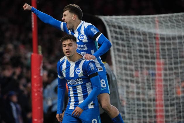 Stefanos Tzimas of Brighton & Hove Albion celebrates his goal in the 88th minute 0-2 during the Premier league football match between Nottingham Forest and Brighton Hove Albion at City Ground in Nottingham. Copyright: xPaulxBonser SportsxPressxPhotox Sportspressphoto_SPR67906