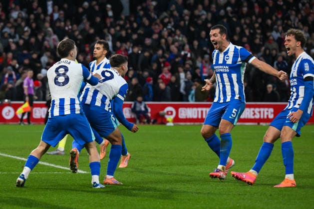 Nottingham, England, 30th November 2025. Stefanos Tzimas of Brightoncelebrates his goal to make it 0-2during the Nottingham Forest vs Brighton and Hove Albion Premier League match at the City Ground, Nottingham. Picture credit should read: Craig Thomas Sportimage EDITORIAL USE ONLY. No use with unauthorised audio, video, data, fixture lists, club league logos or live services. Online in-match use limited to 120 images, no video emulation. No use in betting, games or single club league player publications. SPI_063_CT_Nottingham_Forest_vs_Brighton_and_Hove_Albion SPI-4337-0074