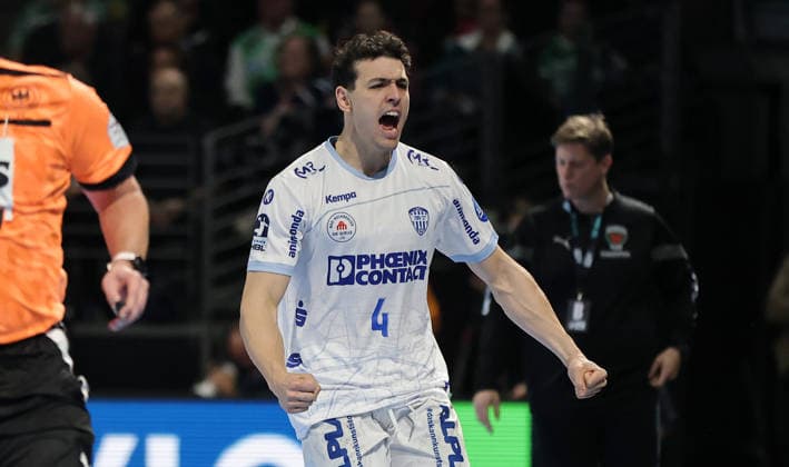 Samuel Zehnder jubelt Freude Emotion Jubel Handball HBL Bundesliga Herren 14. Spieltag Saison 2025 2026 30.11.2025 Füchse Berlin vs TBV Lemgo Lippe