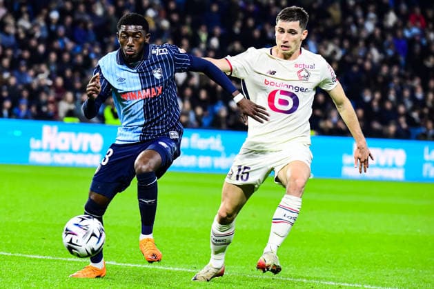 FOOTBALL : AC Le Havre vs Lille OSC - Ligue 1 McDonald s - JournÃ e 14 - 30 11 2025 Fode Doucoure (Havre AC) Romain Perraud (Lille OSC) Le HavreFrance  Copyright: xBaptistexAutissierx