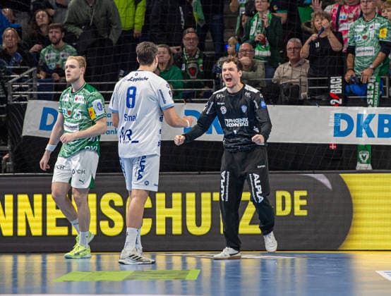 Handball, Herren, Saison 2025 2026, DAIKIN Handball-Bundesliga (14. Spieltag), Füchse Berlin - TBV Lemgo, v.l. Matthes Langhoff (Füchse Berlin), Frederik Simak (Lemgo), Torhüter Constantin Möstl (Lemgo), Jubel nach Abpfiff, 30.11.2025, Copyright: xSebastianxRäppold MatthiasxKochx