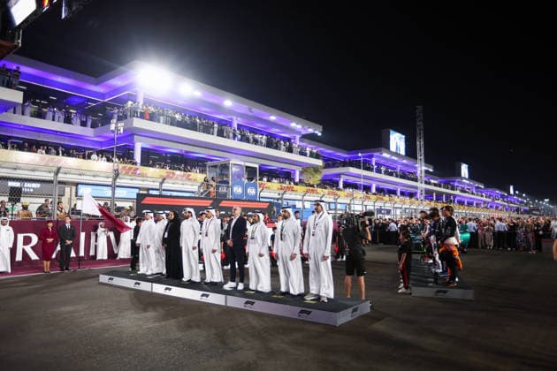 F1 - QATAR GRAND PRIX 2025 National anthem grid, BEN SULAYEM Mohammed (uae), President of the FIA, portrait DOMENICALI Stefano (ita), Chairman and CEO Formula One Group FOG, portrait during the 2025 Formula 1 Qatar Grand Prix, 23th round of the 2025 FIA Formula One World Championship, WM, Weltmeisterschaft from November 28 to 30, 2025 on the Lusail International Circuit, in Lusail, Qatar -  Copyright: xEricxAlonsox