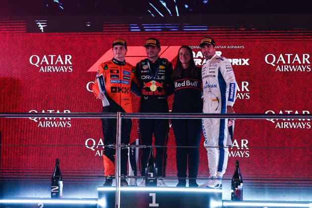 F1 - QATAR GRAND PRIX 2025 VERSTAPPEN Max (ned), Red Bull Racing RB21, portrait, PIASTRI Oscar (aus), McLaren F1 Team MCL39, portrait and SAINZ Carlos (spa), Williams Racing FW47, portrait podium during the 2025 Formula 1 Qatar Grand Prix, 23th round of the 2025 FIA Formula One World Championship, WM, Weltmeisterschaft from November 28 to 30, 2025 on the Lusail International Circuit, in Lusail, Qatar - LusailQatar Copyright: xEricxAlonsox