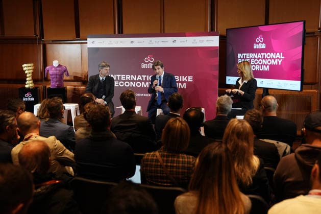 Matteo Zoppas, Urbano Cairo all International Bike Economy Forum before to the presentation of the 2026 Giro d Italia and 2026 Giro d Italia Women in Rome, Monday, December 1, 2025. Sports, cycling  Copyright: xMassimoxPaolone LaPressex